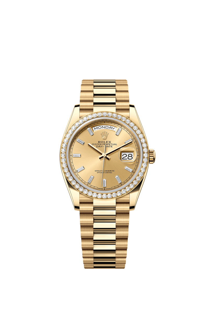 ROLEX DAY-DATE 36MM YELLOW GOLD CHAMPAGNE DIAMOND BAGUETTE DIAL DIAMOND BEZEL PRESIDENT BRACELET 128348RBR