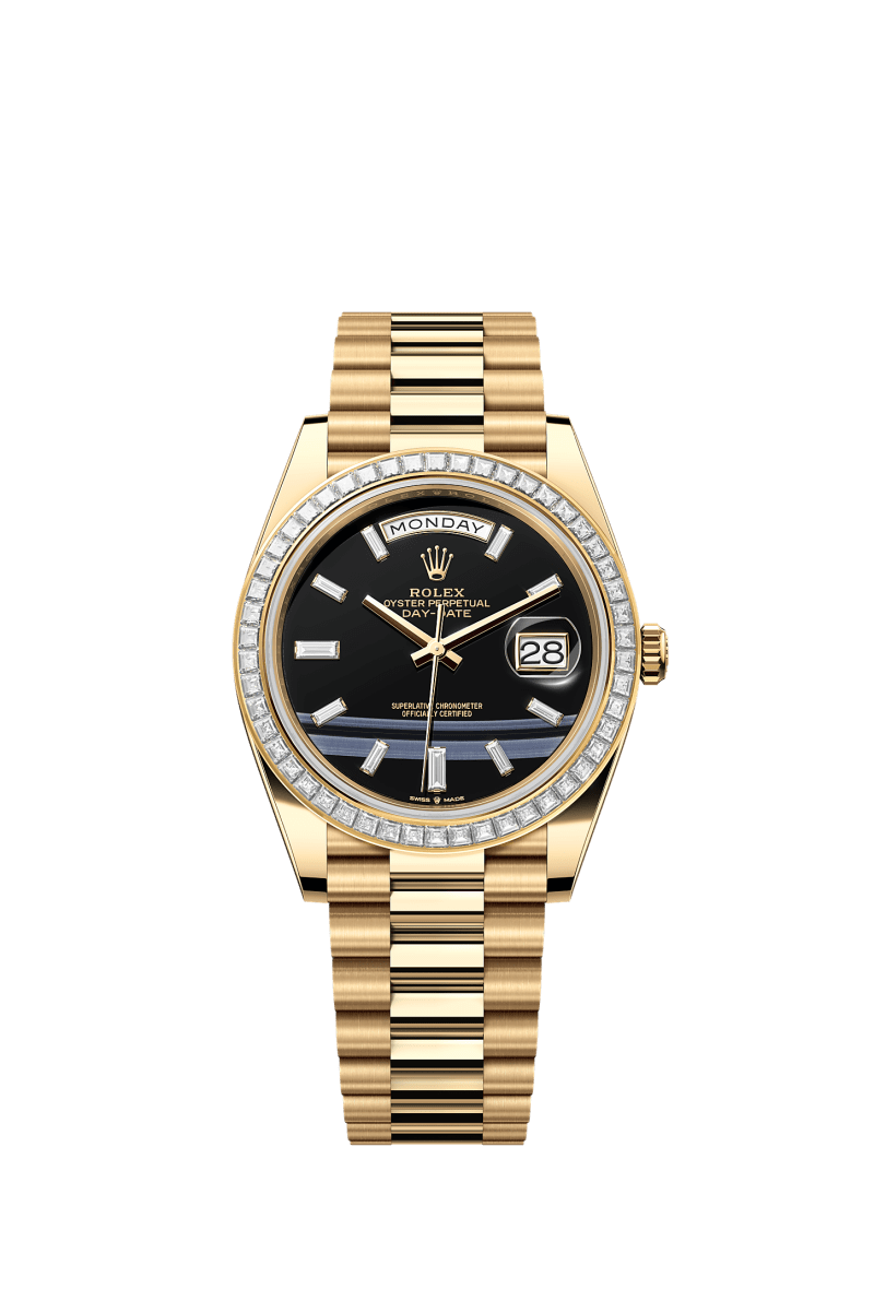 ROLEX DAY-DATE 40MM YELLOW GOLD PRESIDENT DAY DATE 40MM ONYX DIAMOND DIAL TRAPEZE DIAMOND BEZEL PRESIDENT BRACELET 228398TBR