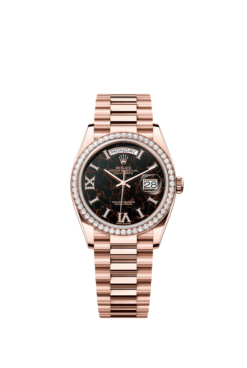 ROLEX DAY-DATE 36MM EVEROSE GOLD EISENKIESEL DIAMOND ROMAN DIAL DIAMOND BEZEL PRESIDENT BRACELET 128345RBR