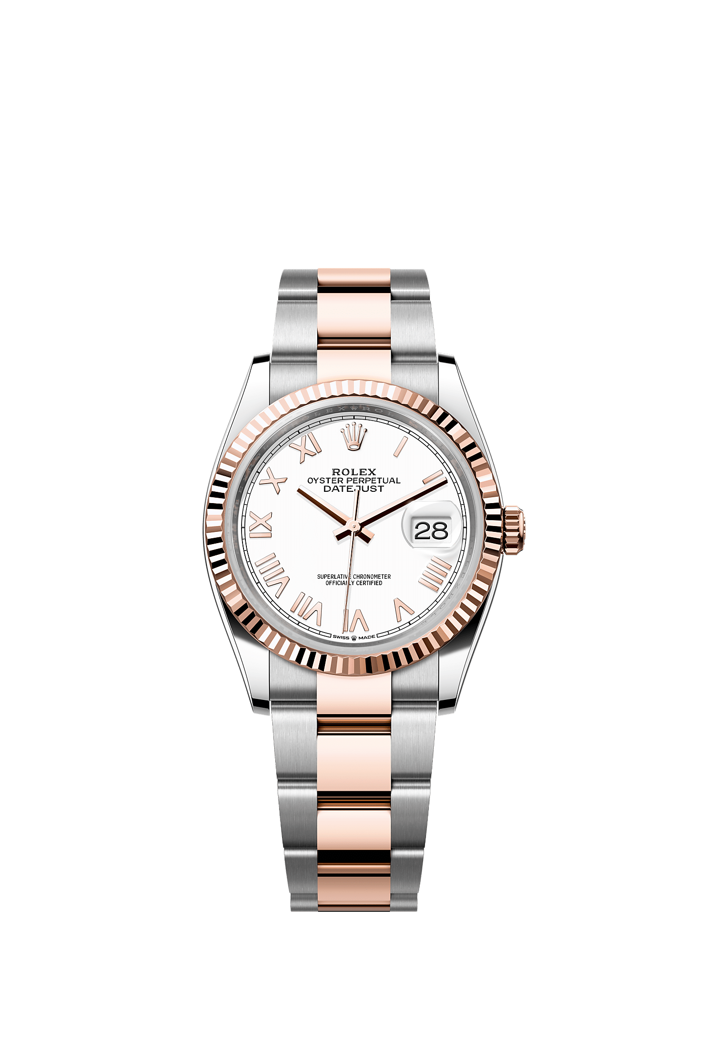 ROLEX DATEJUST 36MM TWO-TONE EVEROSE GOLD WHITE ROMAN DIAL FLUTED BEZEL OYSTER BRACELET 126231