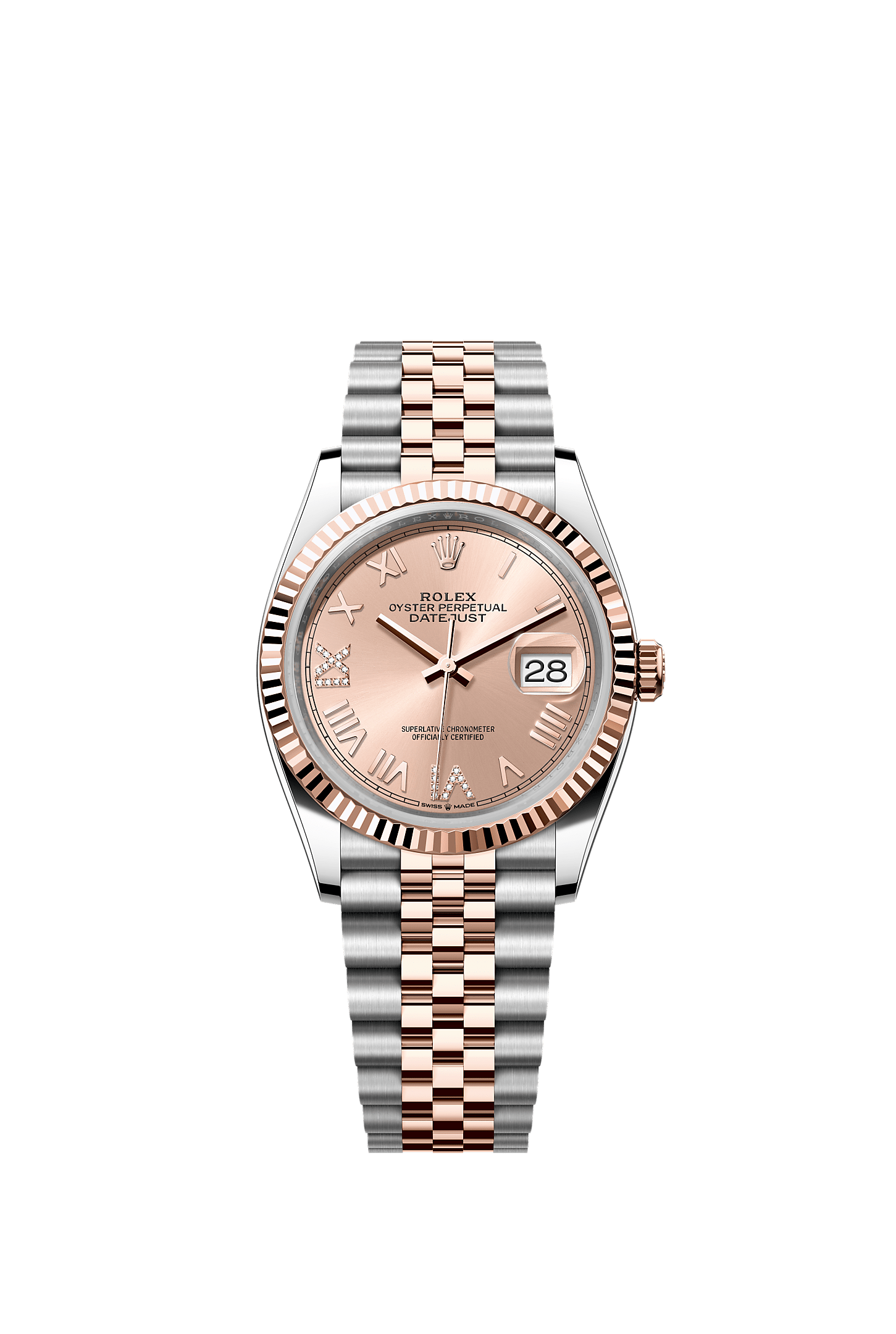ROLEX DATEJUST 36MM TWO-TONE EVEROSE GOLD PINK ROSE ROMAN DIAL FLUTED BEZEL JUBILEE BRACELET 126231