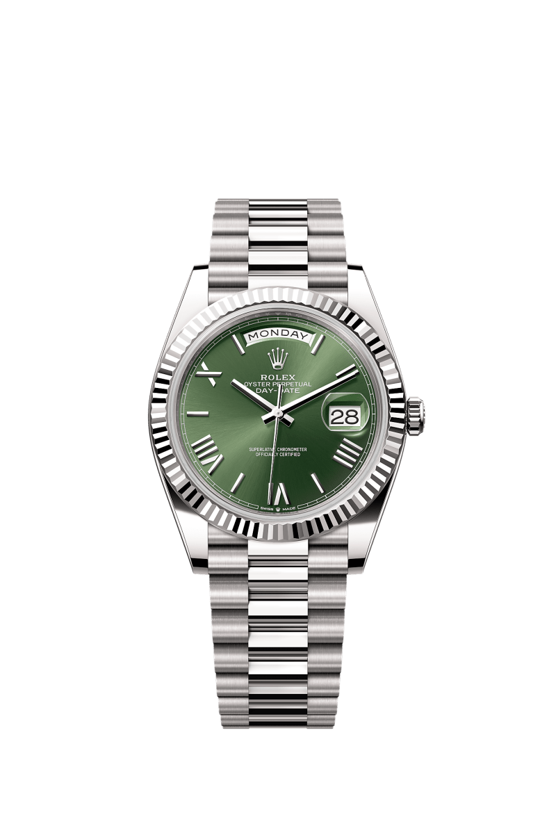 ROLEX DAY-DATE 40MM WHITE GOLD GREEN ROMAN DIAL FLUTED BEZEL PRESIDENT BRACELET 228239