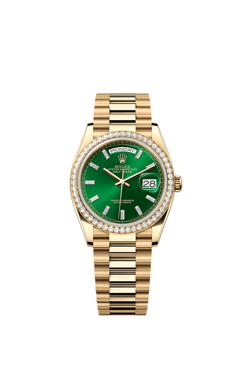 ROLEX DAY-DATE 36MM YELLOW GOLD GREEN DIAMOND BAGUETTE DIAL DIAMOND BEZEL PRESIDENT BRACELET 128348RBR