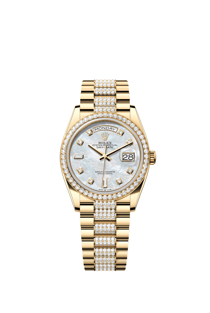 ROLEX DAY-DATE 36MM YELLOW GOLD MOTHER OF PEARL DIAMOND DIAL DIAMOND BEZEL DIAMOND-SET PRESIDENT BRACELET 128348RBR
