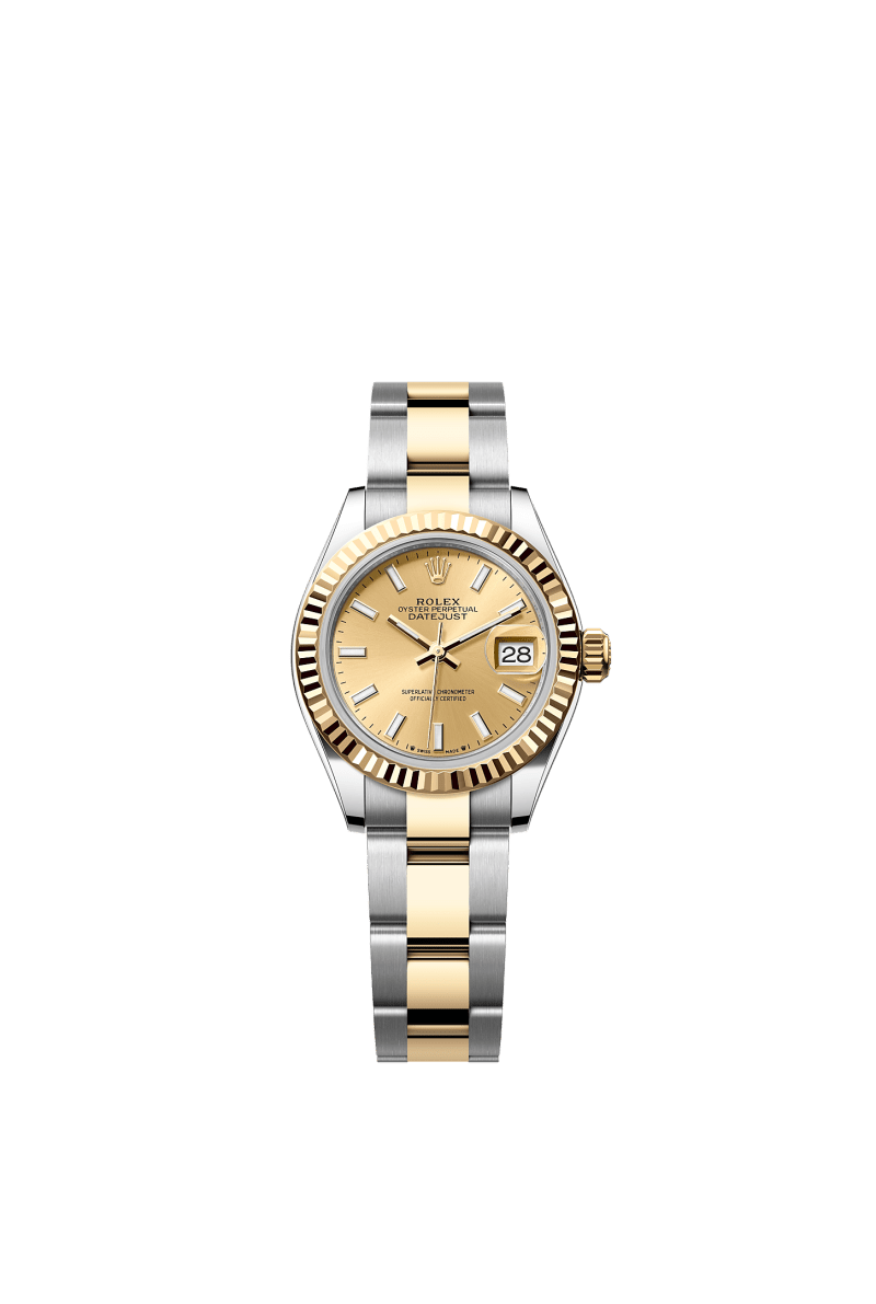 ROLEX LADY-DATEJUST 28MM TWO-TONE YELLOW GOLD CHAMPAGNE INDEX DIAL FLUTED BEZEL OYSTER BRACELET 279173