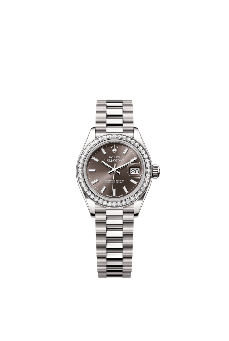 ROLEX LADY-DATEJUST 28MM WHITE GOLD DARK GREY INDEX DIAL DIAMOND-SET BEZEL PRESIDENT BRACELET 279139RBR