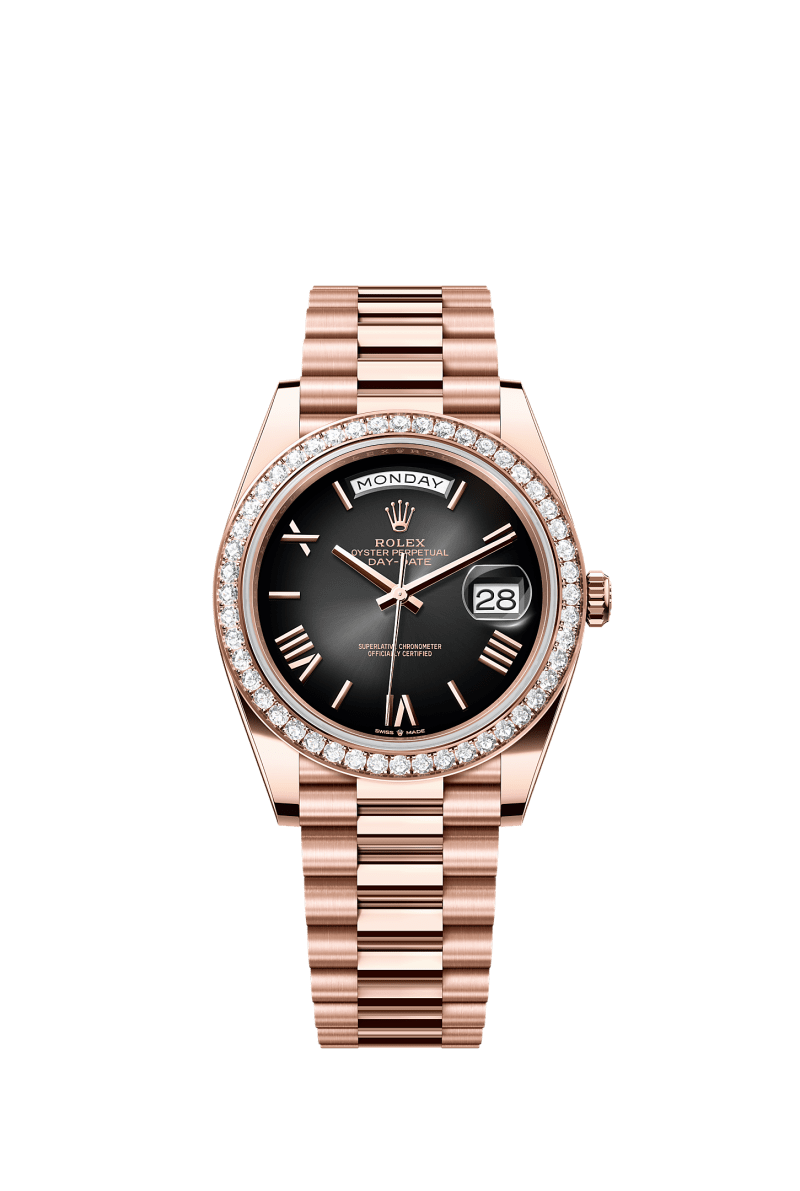 ROLEX DAY-DATE 40MM EVEROSE GOLD SLATE OMBRE ROMAN DIAL DIAMOND BEZEL PRESIDENT BRACELET 228345RBR