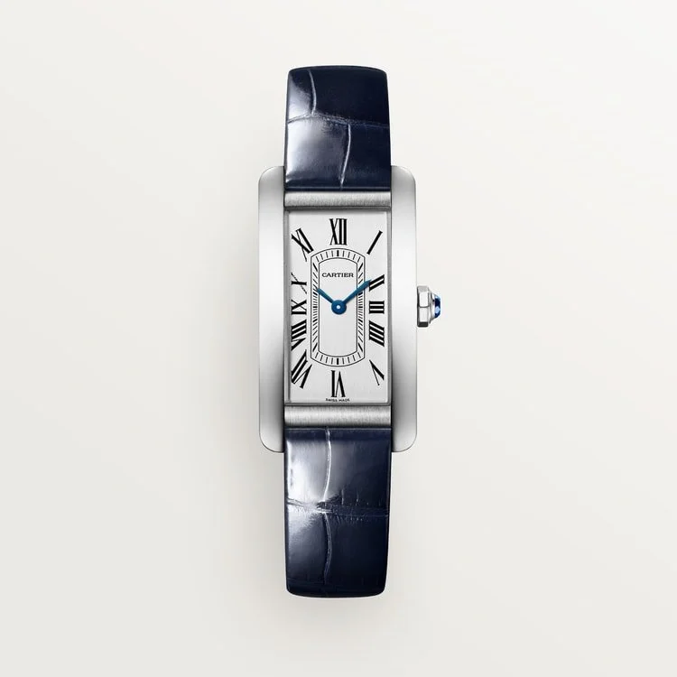 CARTIER TANK AMERICAINE STEEL SILVERED DIAL BLUE ALLIGATOR STRAP WSTA0117
