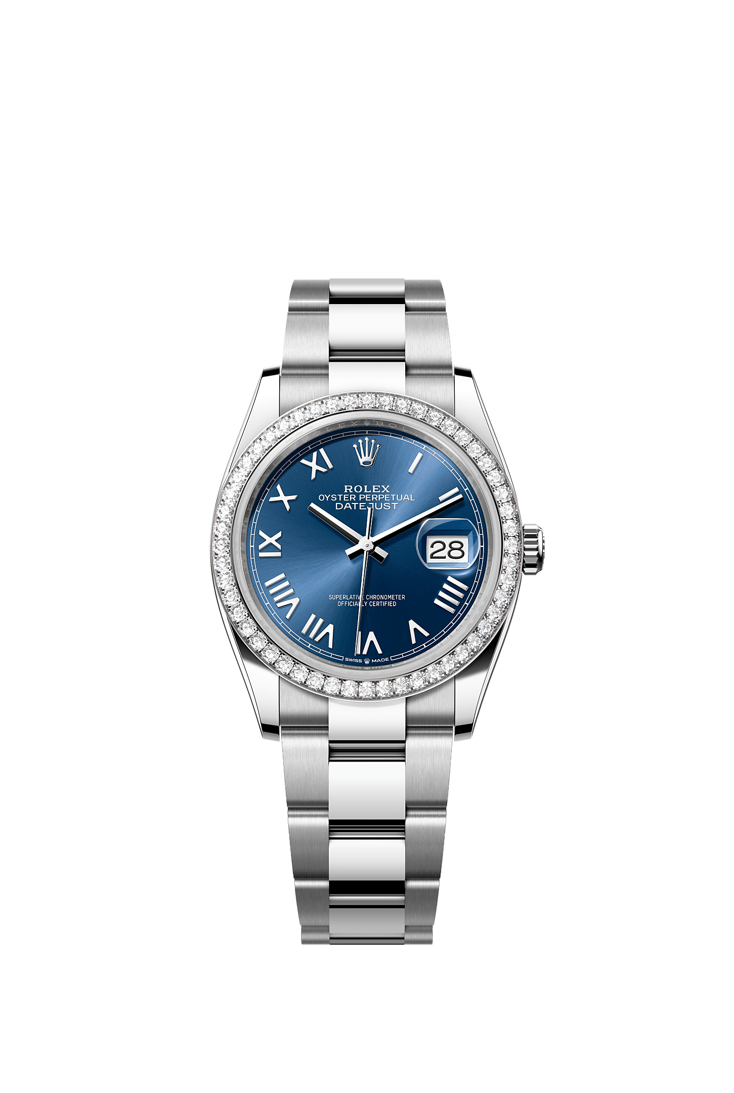 ROLEX DATEJUST 36 BLUE ROMAN DIAL DIAMOND BEZEL OYSTER BRACELET 126284RBR