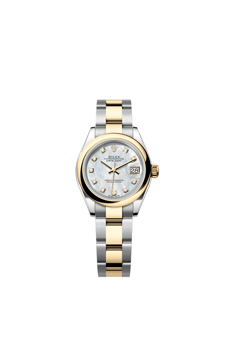 ROLEX LADY-DATEJUST 28MM TWO-TONE YELLOW GOLD MOTHER OF PEARL DIAMOND DIAL DOMED BEZEL OYSTER BRACELET 279163