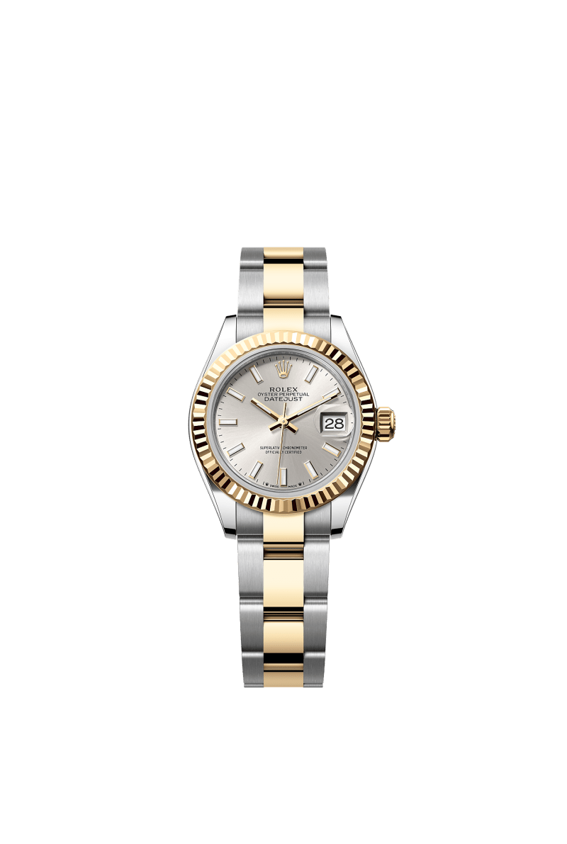 ROLEX LADY-DATEJUST 28MM TWO-TONE YELLOW GOLD SILVER INDEX DIAL FLUTED BEZEL OYSTER BRACELET 279173