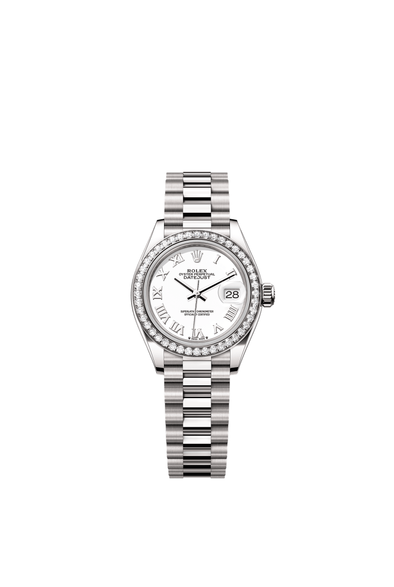 ROLEX LADY-DATEJUST 28MM WHITE GOLD WHITE ROMAN DIAL DIAMOND-SET BEZEL PRESIDENT BRACELET 279139RBR