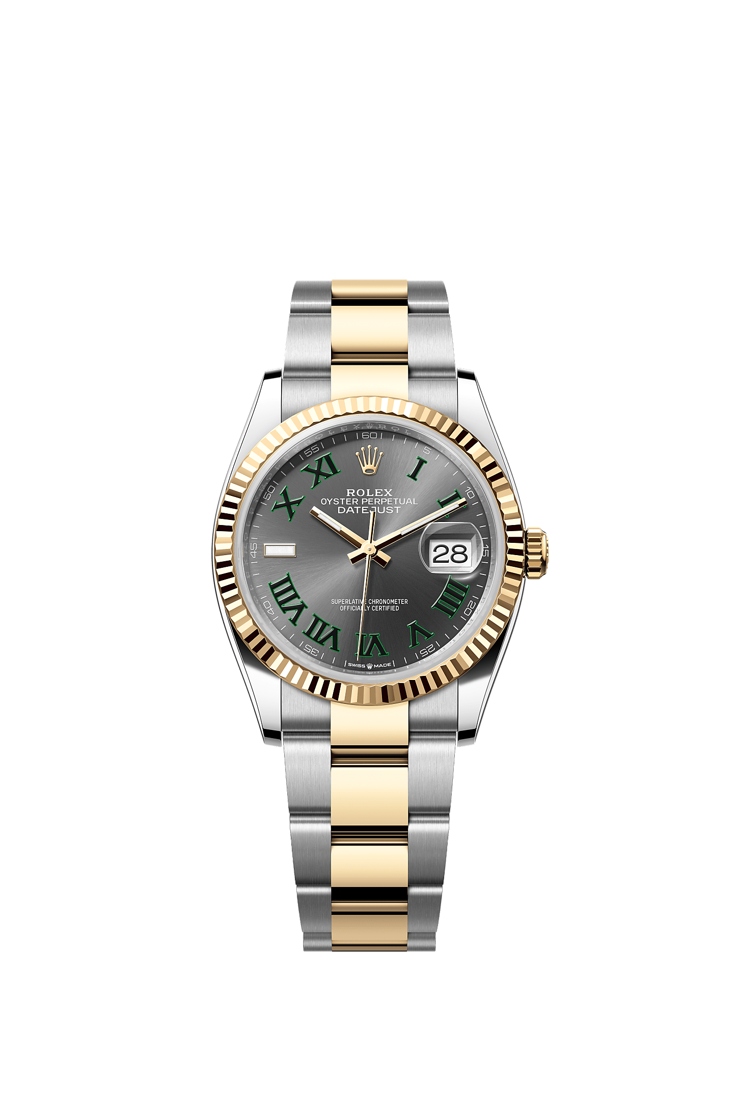 ROLEX DATEJUST 36MM "WIMBLEDON" TWO-TONE YELLOW GOLD ROMAN DIAL FLUTED BEZEL OYSTER BRACELET 126233