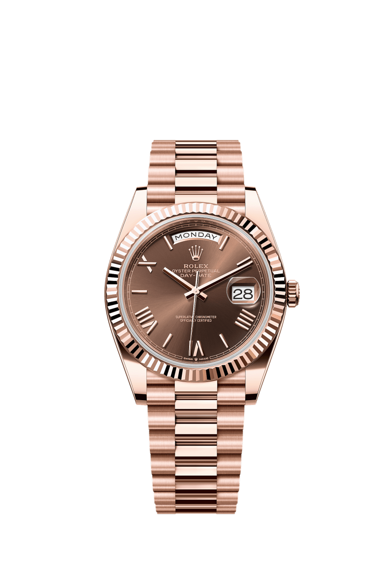 ROLEX DAY-DATE 40MM EVEROSE GOLD CHOCOLATE ROMAN DIAL FLUTED BEZEL PRESIDENT BRACELET 228235