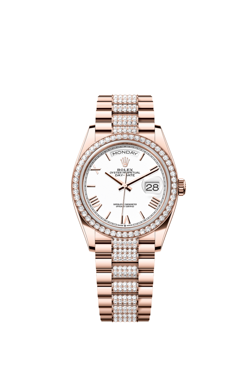 ROLEX DAY-DATE 36MM EVEROSE GOLD WHITE ROMAN DIAL DIAMOND BEZEL DIAMOND-SET PRESIDENT BRACELET 128345RBR