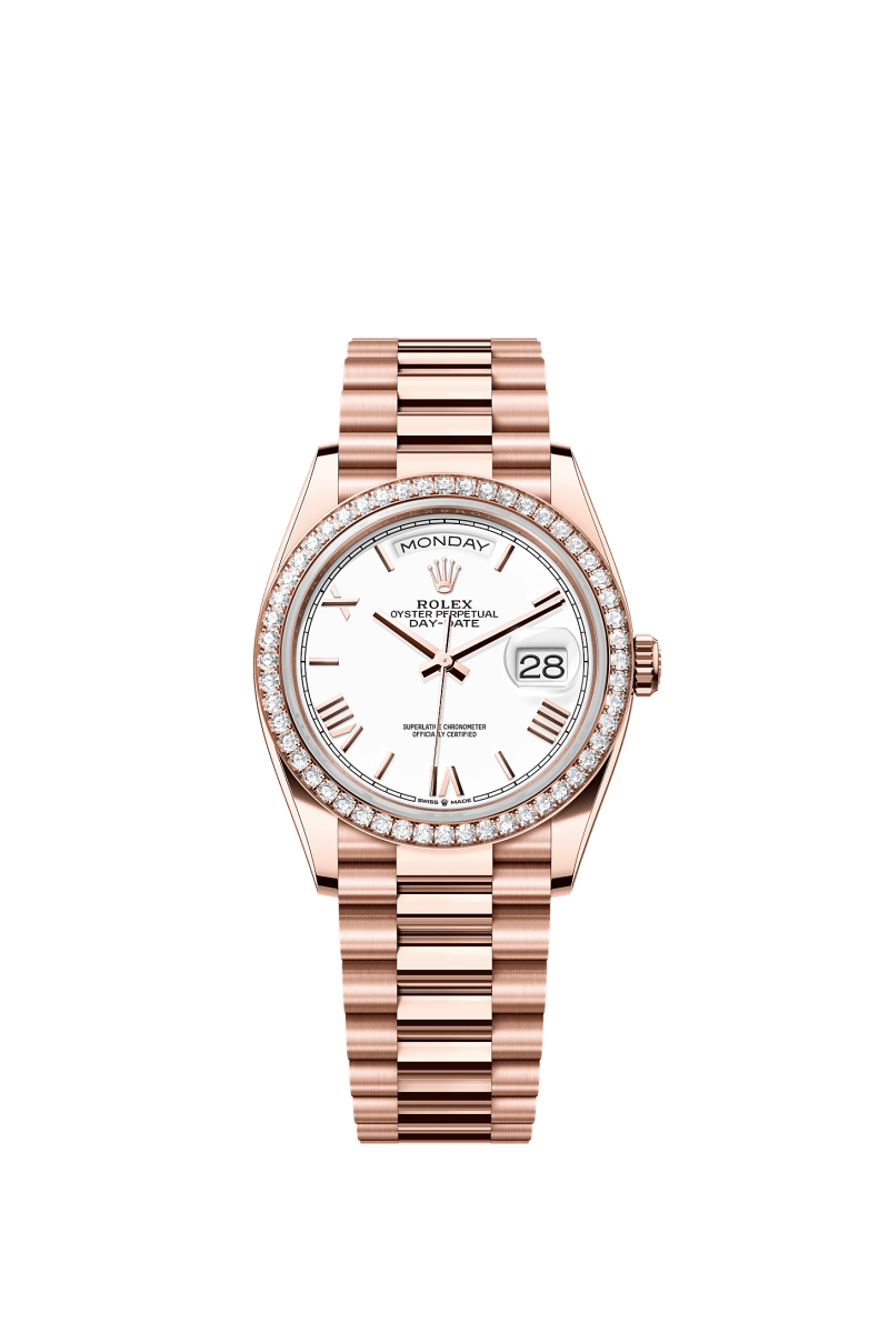 ROLEX DAY-DATE 36MM EVEROSE GOLD WHITE ROMAN DIAL DIAMOND BEZEL PRESIDENT BRACELET 128345RBR