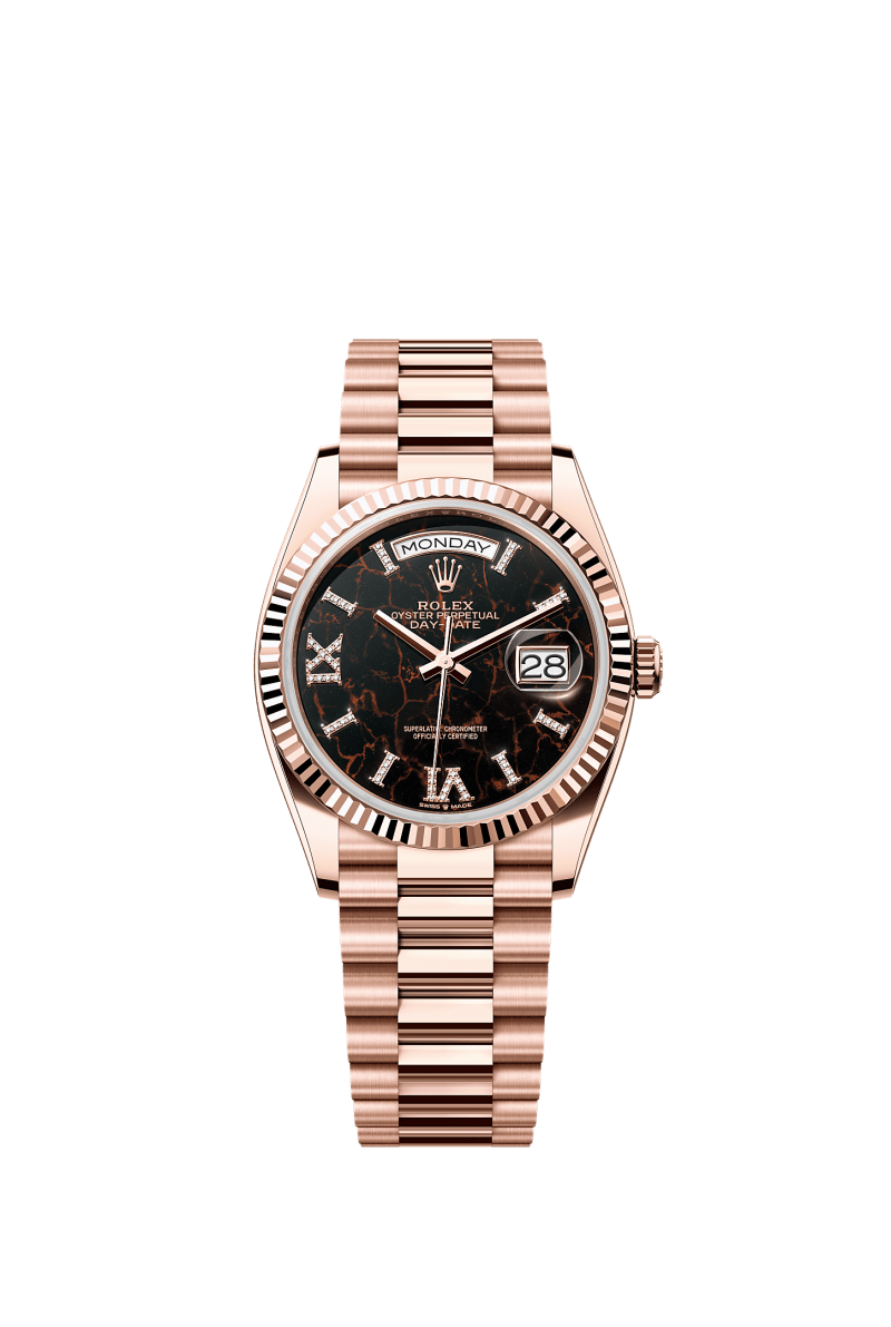 ROLEX DAY-DATE 36MM EVEROSE GOLD EISENKIESEL DIAMOND ROMAN DIAL FLUTED BEZEL PRESIDENT BRACELET 128235