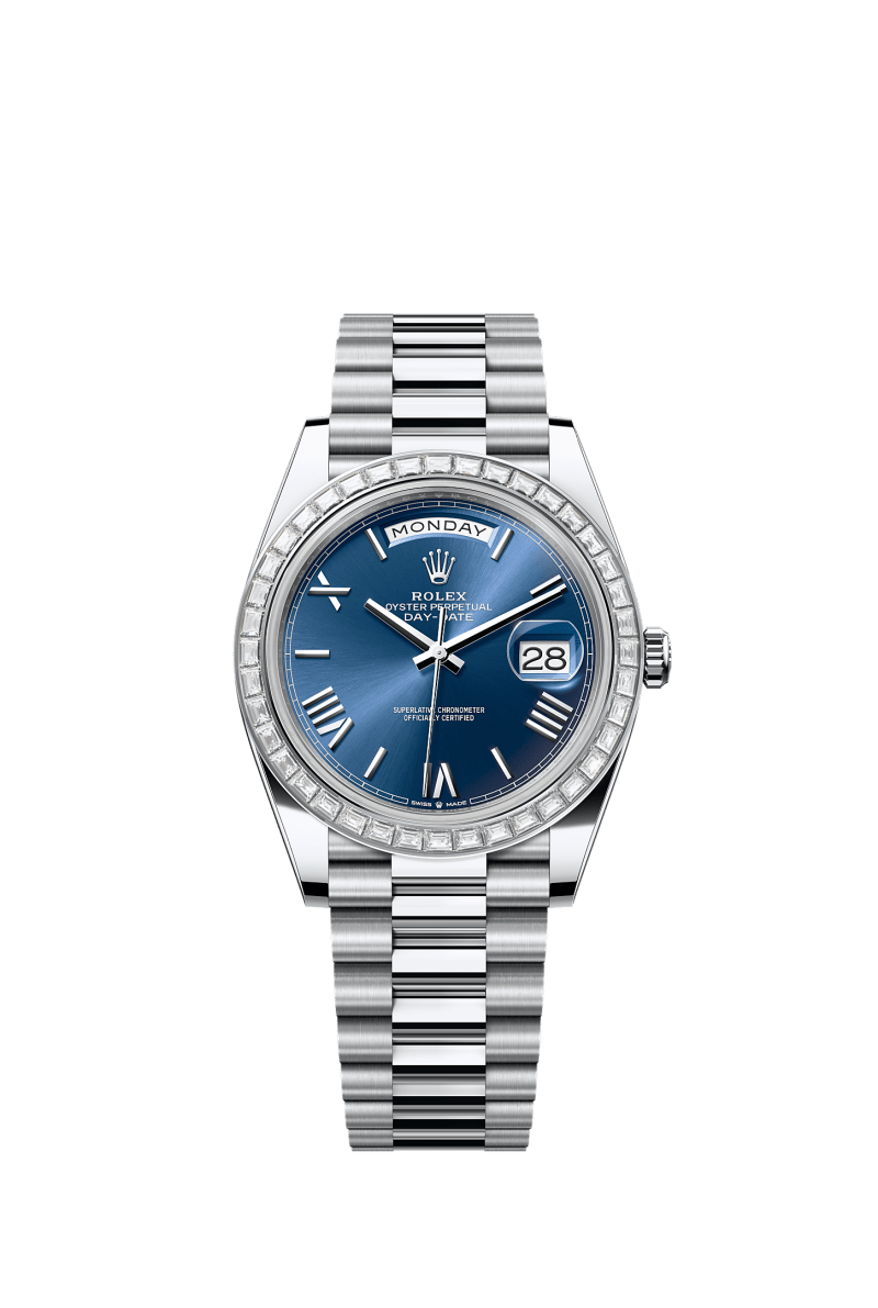 ROLEX DAY-DATE 40MM PLATINUM BRIGHT BLUE ROMAN DIAL TRAPEZE DIAMOND BEZEL PRESIDENT BRACELET 228396TBR