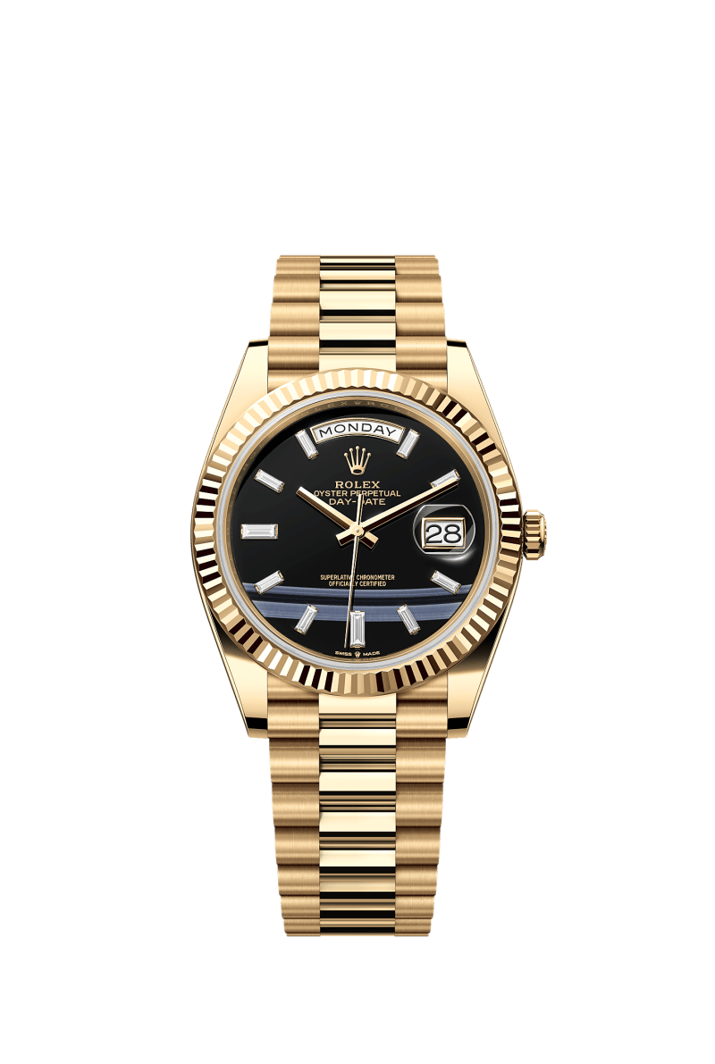 ROLEX DAY-DATE 40MM YELLOW GOLD ONYX DIAMOND DIAL FLUTED BEZEL PRESIDENT BRACELET 228238