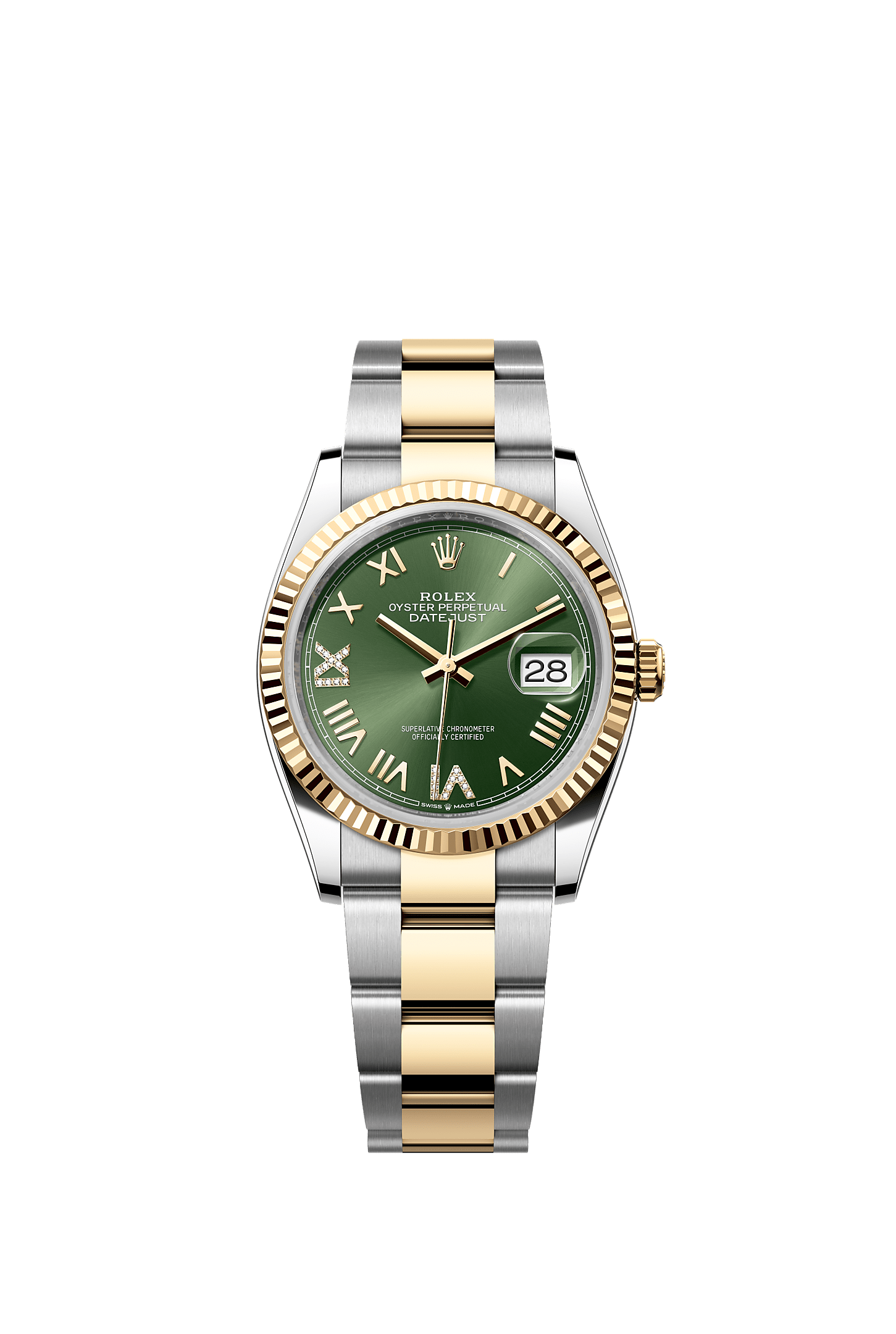 ROLEX DATEJUST 36MM TWO-TONE YELLOW GOLD OLIVE ROMAN DIAMOND DIAL FLUTED BEZEL OYSTER BRACELET 126233