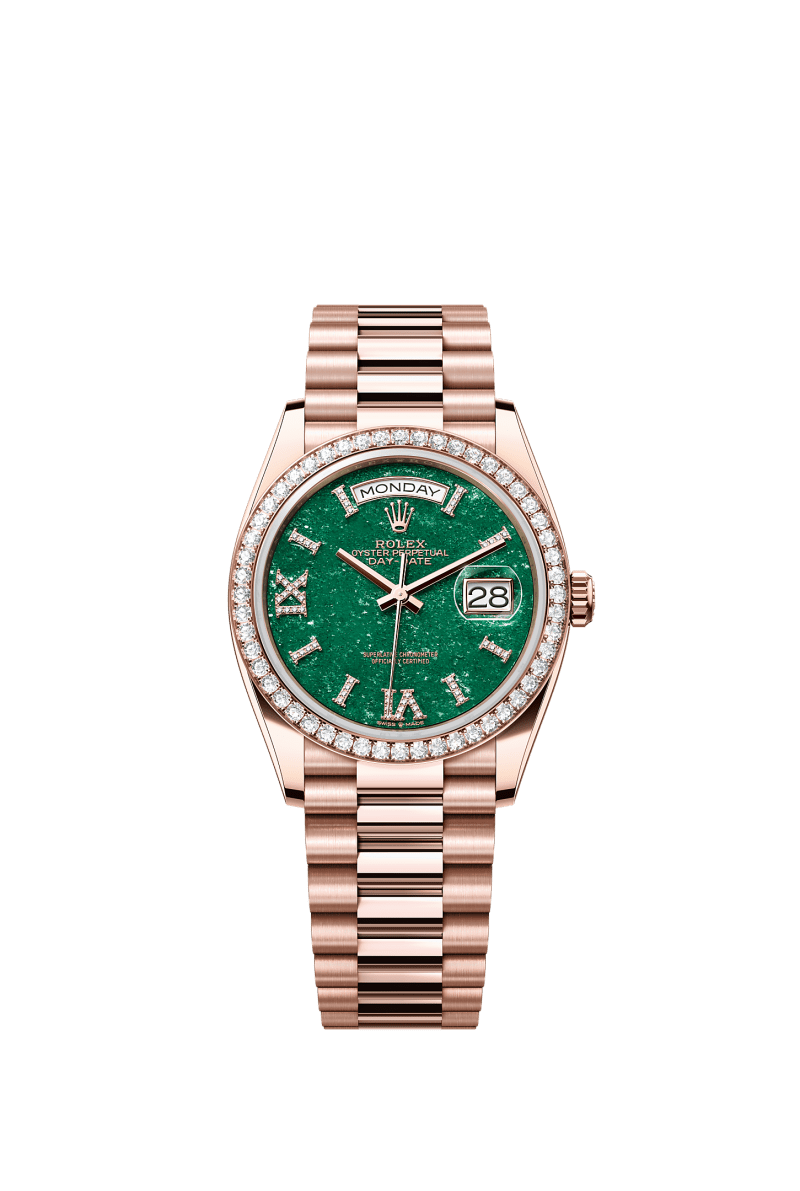ROLEX DAY-DATE 36MM EVEROSE GOLD GREEN AVENTURINE ROMAN DIAMOND DIAL DIAMOND BEZEL PRESIDENT BRACELET 128345RBR