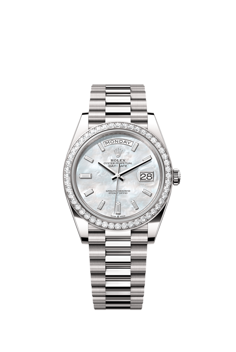 ROLEX DAY-DATE 40MM WHITE GOLD MOTHER OF PEARL DIAMOND BAGUETTE DIAL DIAMOND BEZEL PRESIDENT BRACELET 228349RBR