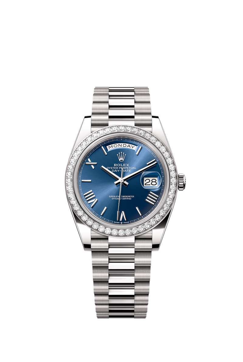 ROLEX DAY-DATE 40MM WHITE GOLD BLUE ROMAN DIAL DIAMOND BEZEL PRESIDENT BRACELET 228349RBR