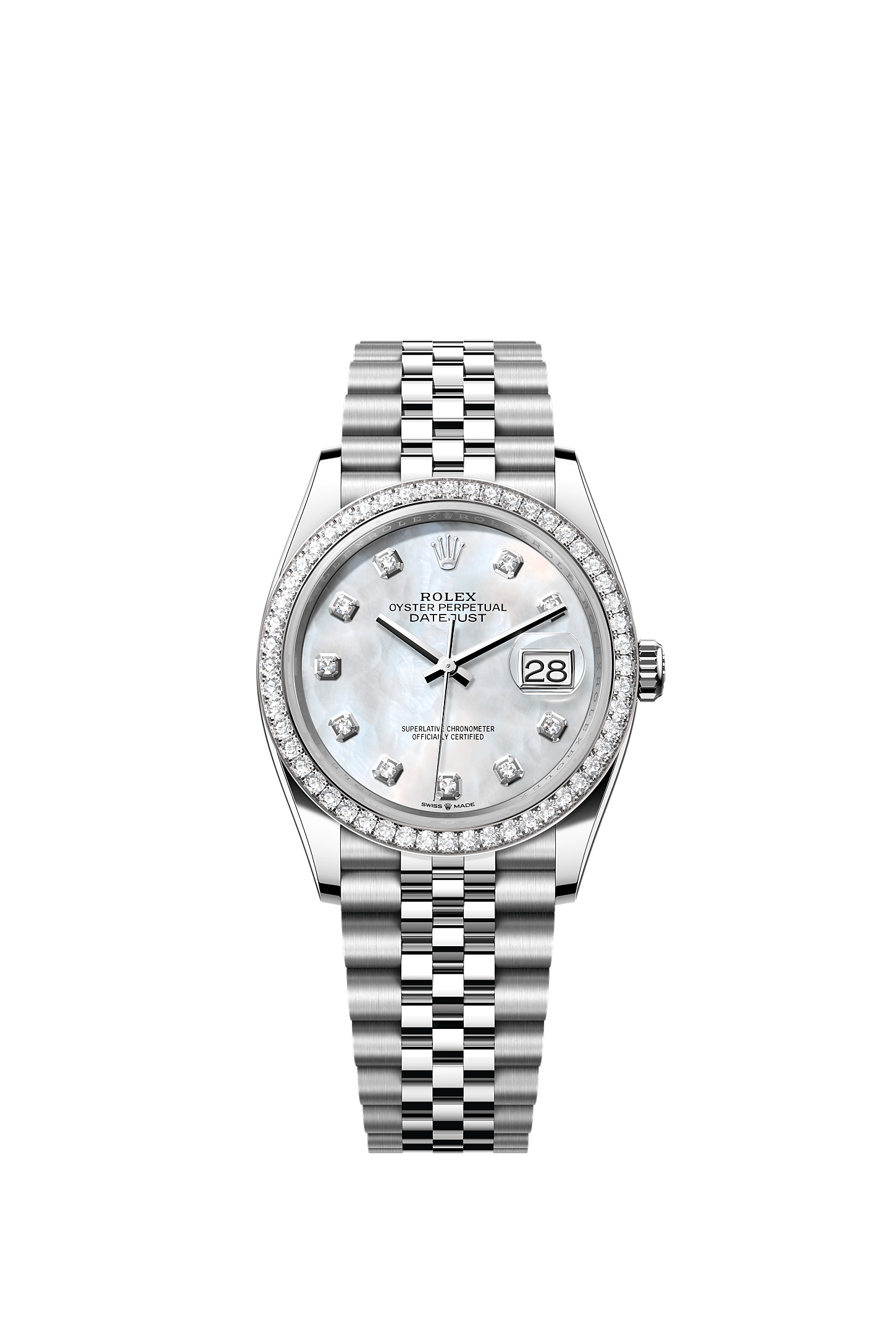 ROLEX DATEJUST 36 WHITE MOTHER OF PEARL DIAMOND DIAL DIAMOND BEZEL JUBILEE BRACELET 126284RBR