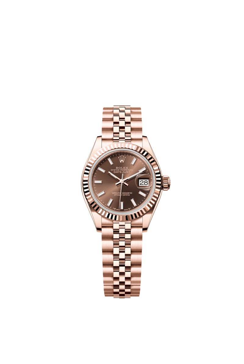 ROLEX LADY-DATEJUST 28MM EVEROSE GOLD CHOCOLATE INDEX DIAL FLUTED BEZEL JUBILEE BRACELET 279175