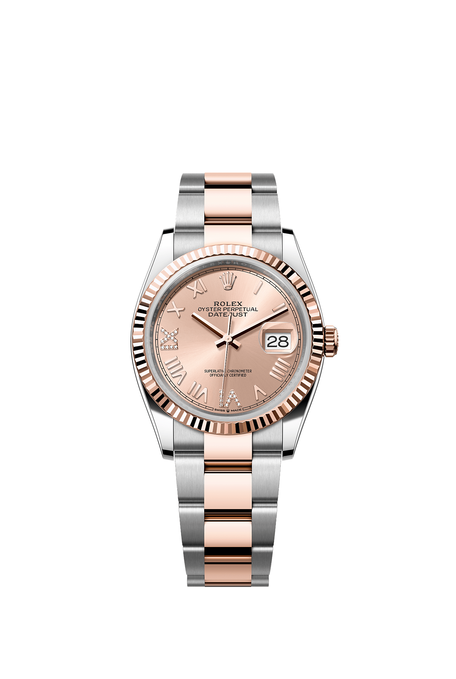 ROLEX DATEJUST 36MM TWO-TONE EVEROSE GOLD PINK ROSE ROMAN DIAL FLUTED BEZEL OYSTER BRACELET 126231