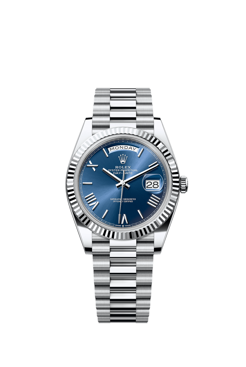 ROLEX DAY-DATE 40MM PLATINUM BRIGHT BLUE ROMAN DIAL FLUTED BEZEL PRESIDENT BRACELET 228236