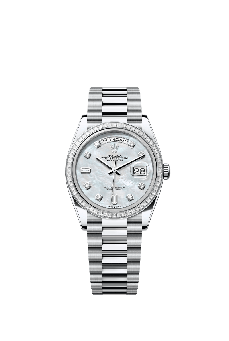 ROLEX DAY-DATE 36MM PLATINUM MOTHER OF PEARL DIAMOND DIAL TRAPEZE DIAMOND BEZEL PRESIDENT BRACELET 128396TBR
