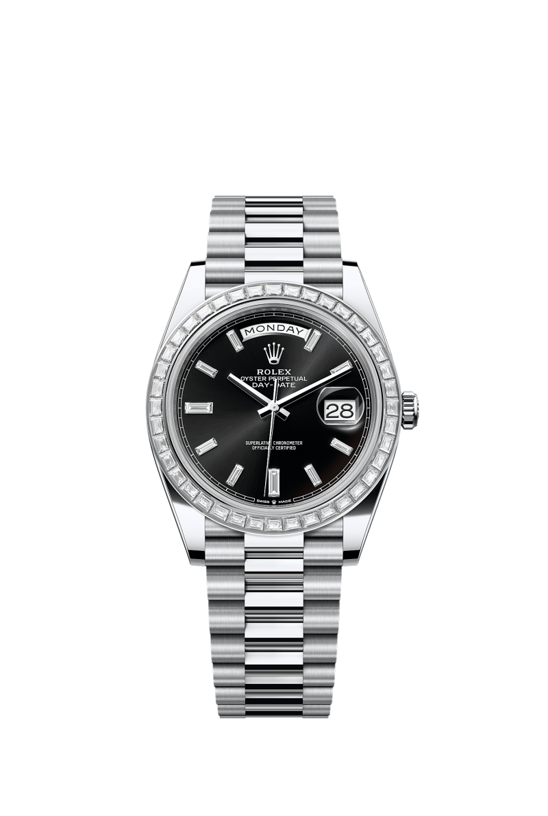 ROLEX DAY-DATE 40MM PLATINUM BLACK DIAMOND BAGUETTE DIAL TRAPEZE DIAMOND BEZEL PRESIDENT BRACELET 228396TBR
