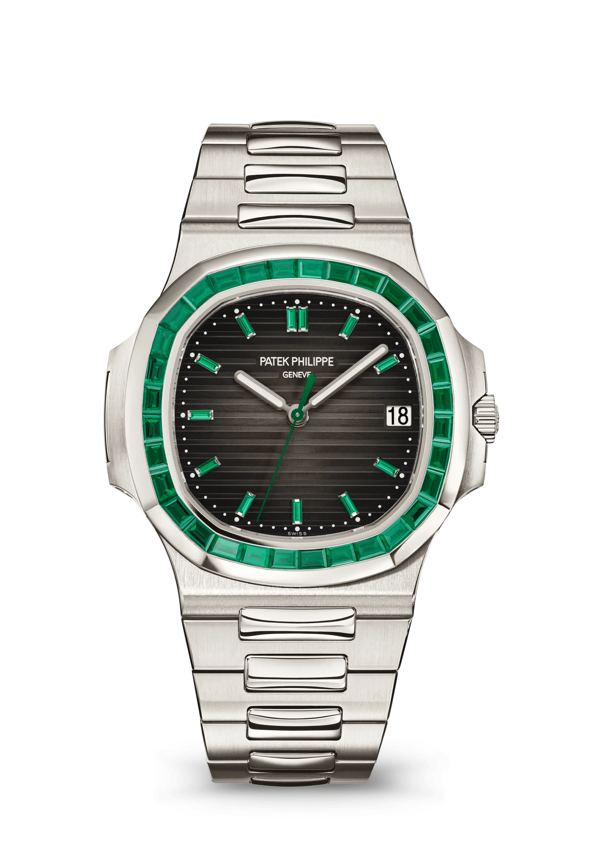 PATEK PHILIPPE NAUTILUS JOAILLERIE 40MM PLATINUM CHARCOAL GRAY DIAL EMERALD BEZEL – 5711/113P-001