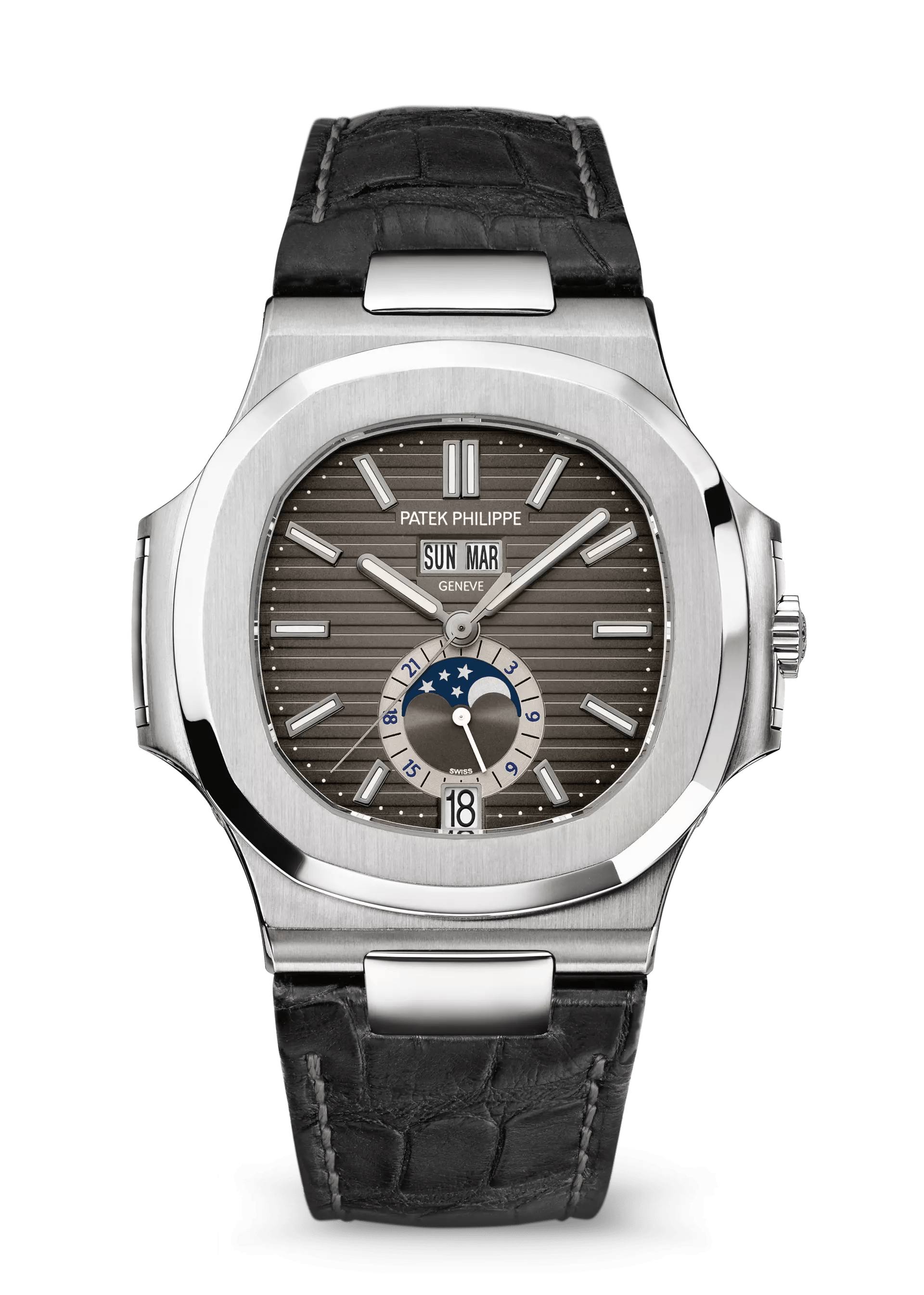 PATEK PHILIPPE NAUTILUS ANNUAL CALENDAR MOON PHASES 40.5MM STAINLESS STEEL CHARCOAL GRAY DIAL – 5726A-001