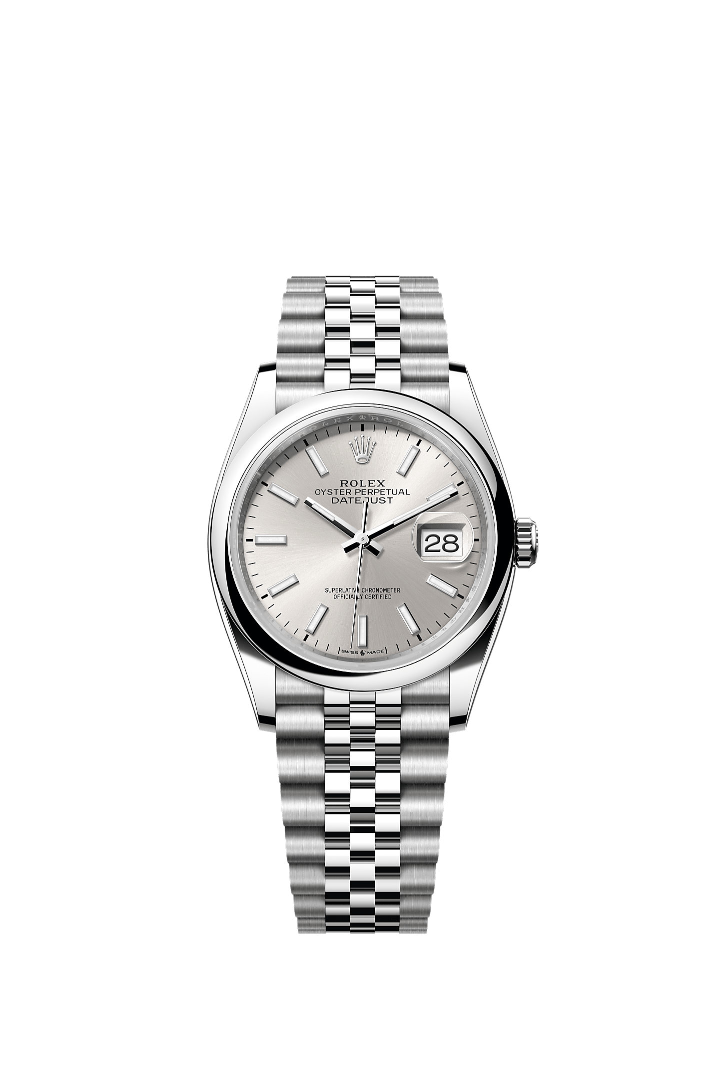 ROLEX DATEJUST 36MM SILVER INDEX DIAL SMOOTH BEZEL JUBILEE BRACELET 126200