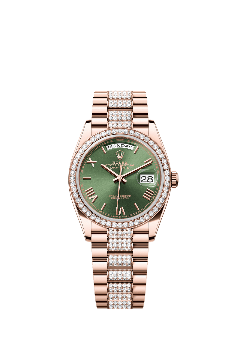 ROLEX DAY-DATE 36MM EVEROSE GOLD OLIVE GREEN ROMAN DIAL DIAMOND BEZEL DIAMOND-SET PRESIDENT BRACELET 128345RBR