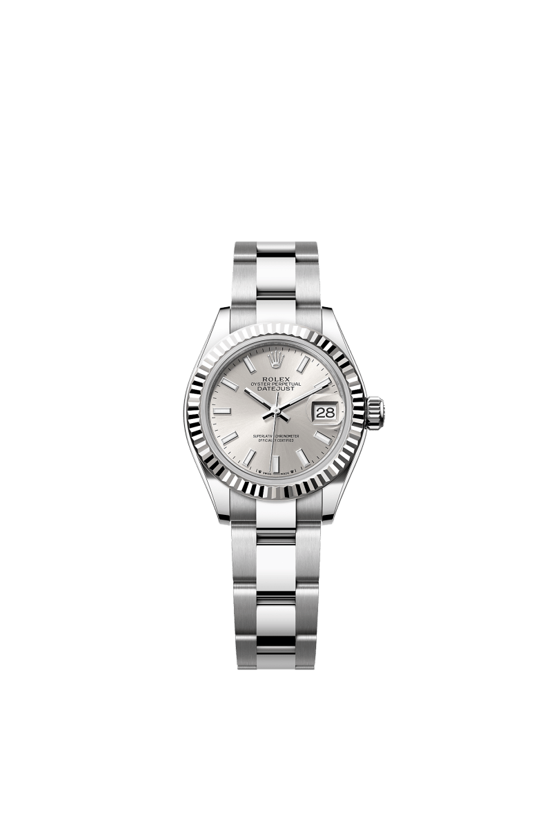 ROLEX LADY-DATEJUST 28MM SILVER INDEX DIAL FLUTED BEZEL OYSTER BRACELET 279174