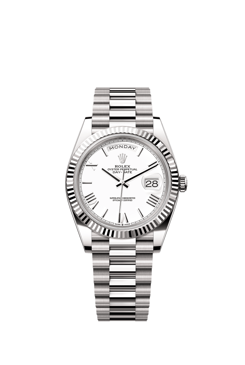ROLEX DAY-DATE 40MM WHITE GOLD WHITE ROMAN DIAL FLUTED BEZEL PRESIDENT BRACELET 228239