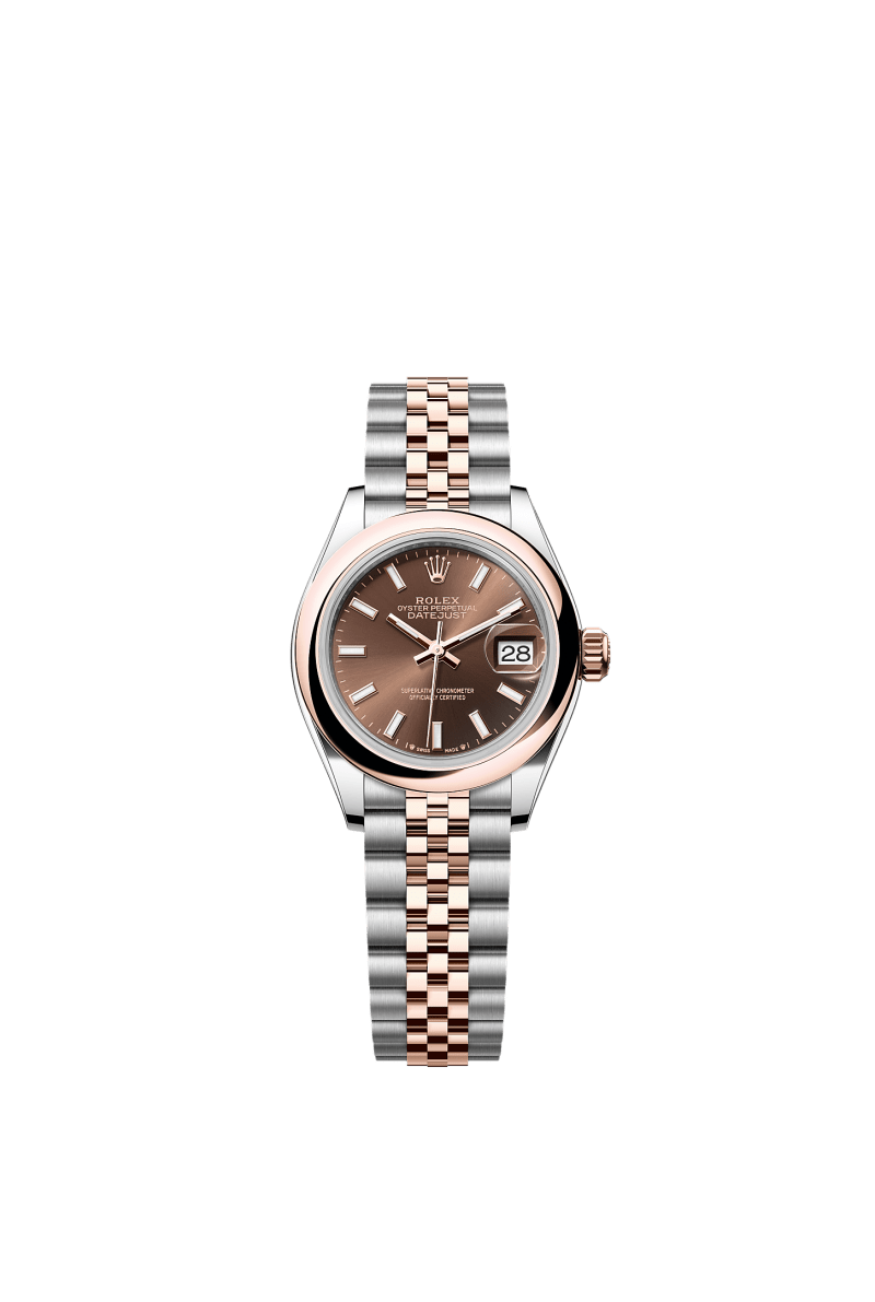 ROLEX LADY-DATEJUST 28MM TWO-TONE EVEROSE GOLD CHOCOLATE INDEX DIAL DOMED BEZEL JUBILEE BRACELET 279161