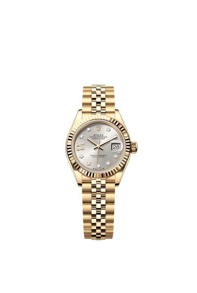 ROLEX LADY-DATEJUST 28MM YELLOW GOLD SILVER STAR DIAMOND DIAL FLUTED BEZEL JUBILEE BRACELET 279178