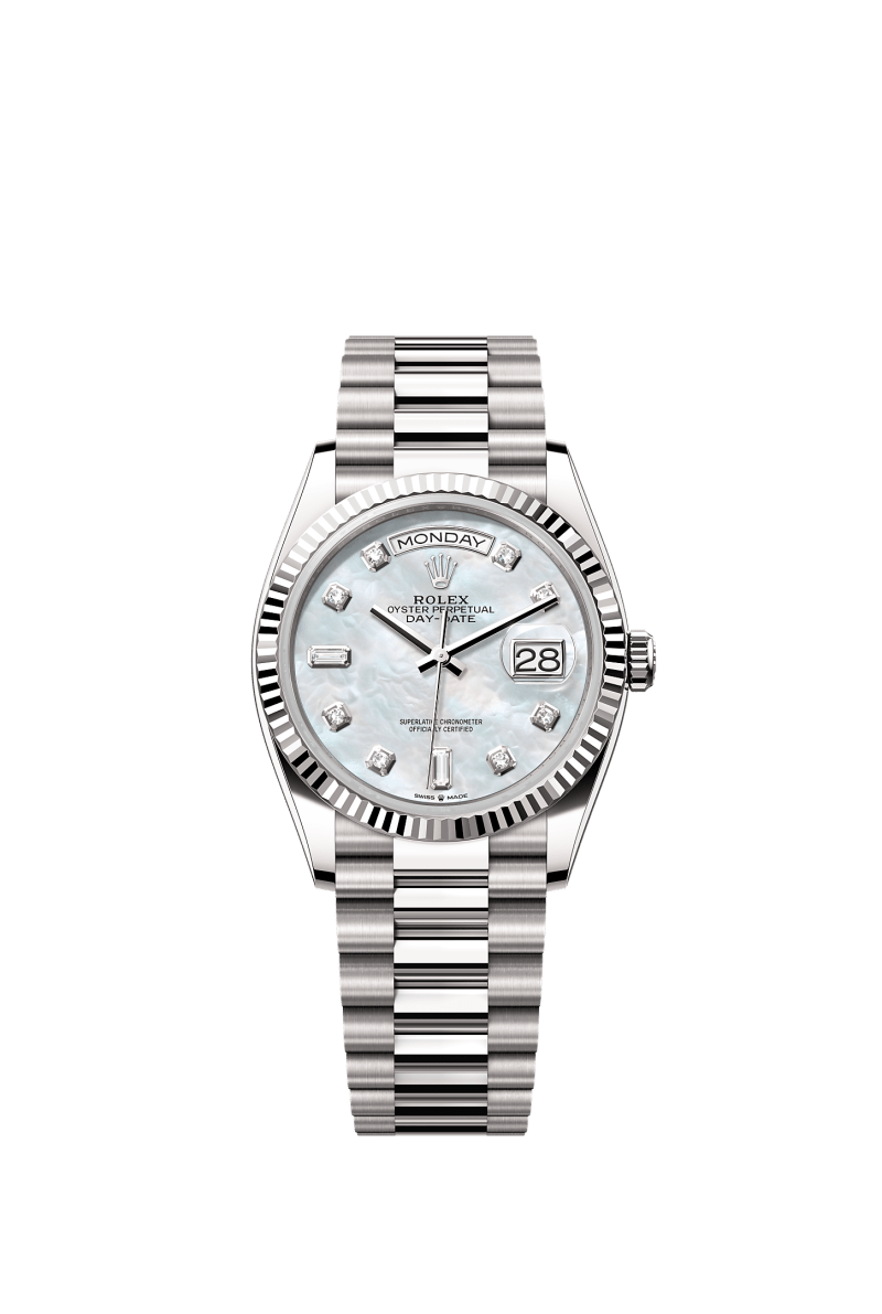 ROLEX DAY-DATE 36MM WHITE GOLD MOTHER OF PEARL DIAMOND DIAL FLUTED BEZEL PRESIDENT BRACELET 128239