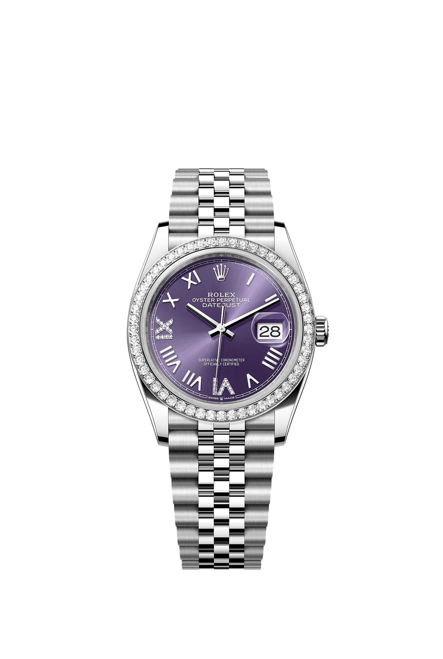 ROLEX DATEJUST 36 ROLEX AUBERGINE ROMAN DIAMOND DIAL DIAMOND BEZEL JUBILEE BRACELET 126284RBR
