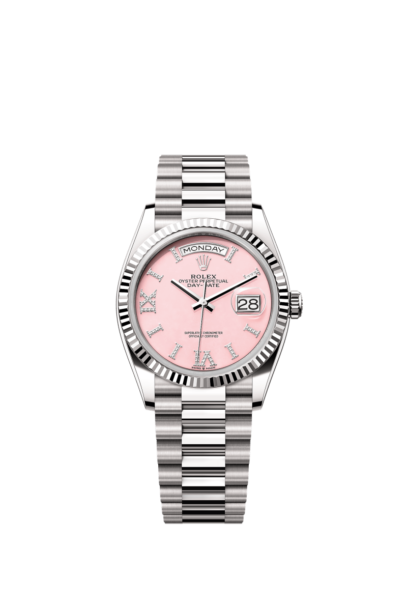 ROLEX DAY-DATE 36MM WHITE GOLD PINK ROMAN DIAMOND DIAL FLUTED BEZEL PRESIDENT BRACELET 128239