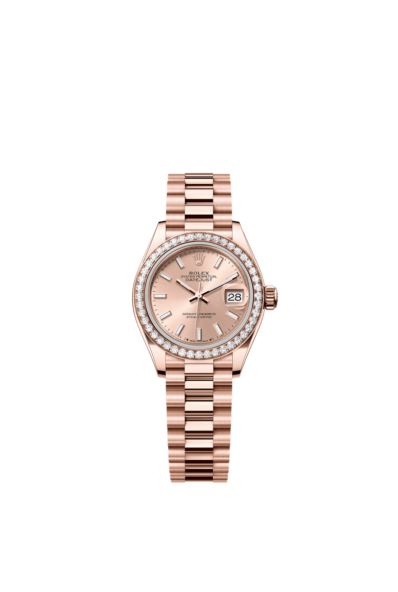 ROLEX LADY-DATEJUST 28MM EVEROSE GOLD ROSE INDEX DIAL DIAMOND-SET BEZEL PRESIDENT BRACELET 279135RBR