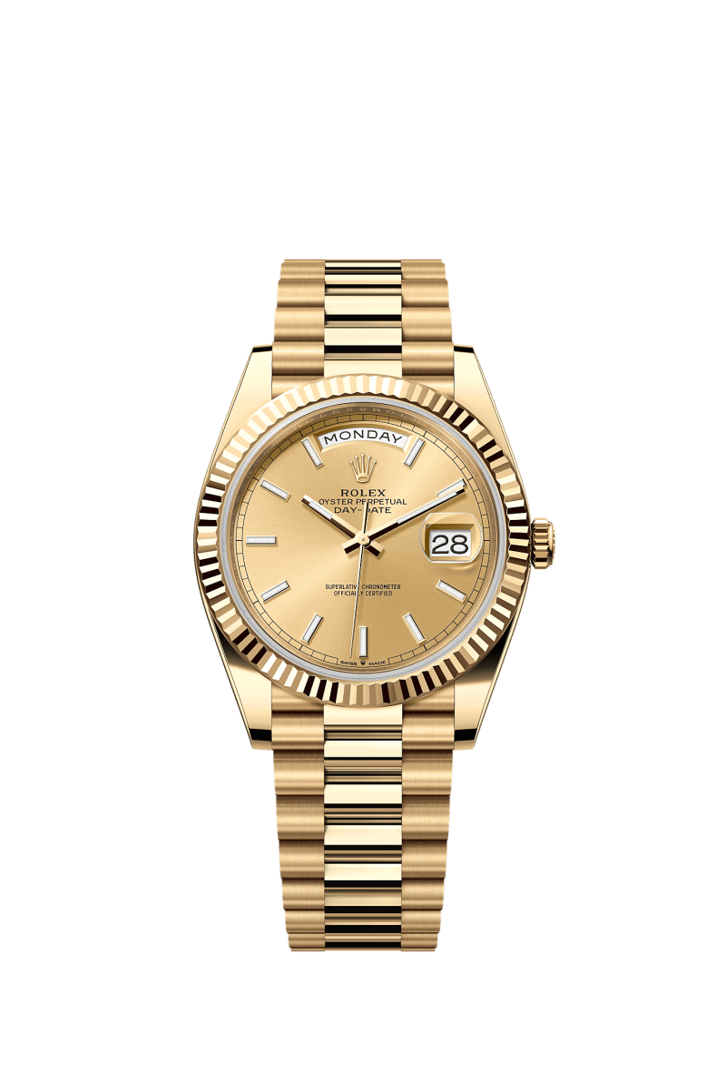 ROLEX DAY-DATE 40MM YELLOW GOLD CHAMPAGNE INDEX DIAL FLUTED BEZEL PRESIDENT BRACELET 228238