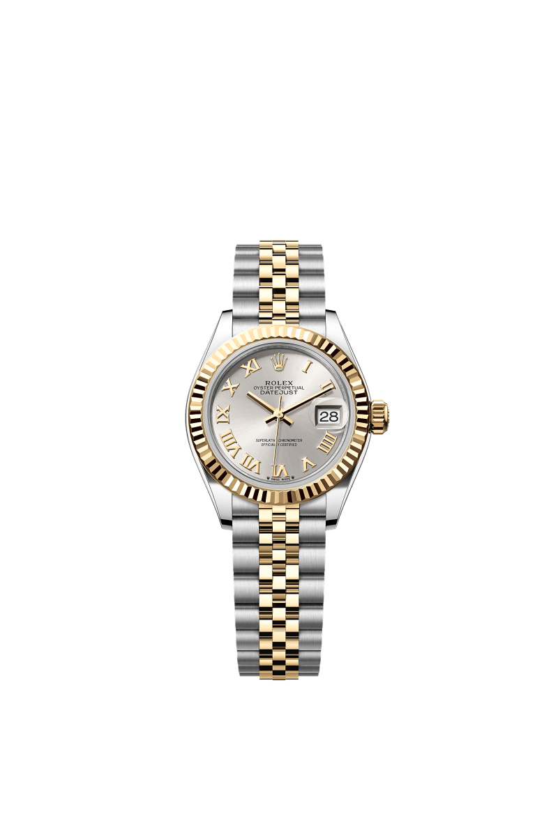 ROLEX LADY-DATEJUST 28MM TWO-TONE YELLOW GOLD SILVER ROMAN DIAL FLUTED BEZEL JUBILEE BRACELET 279173