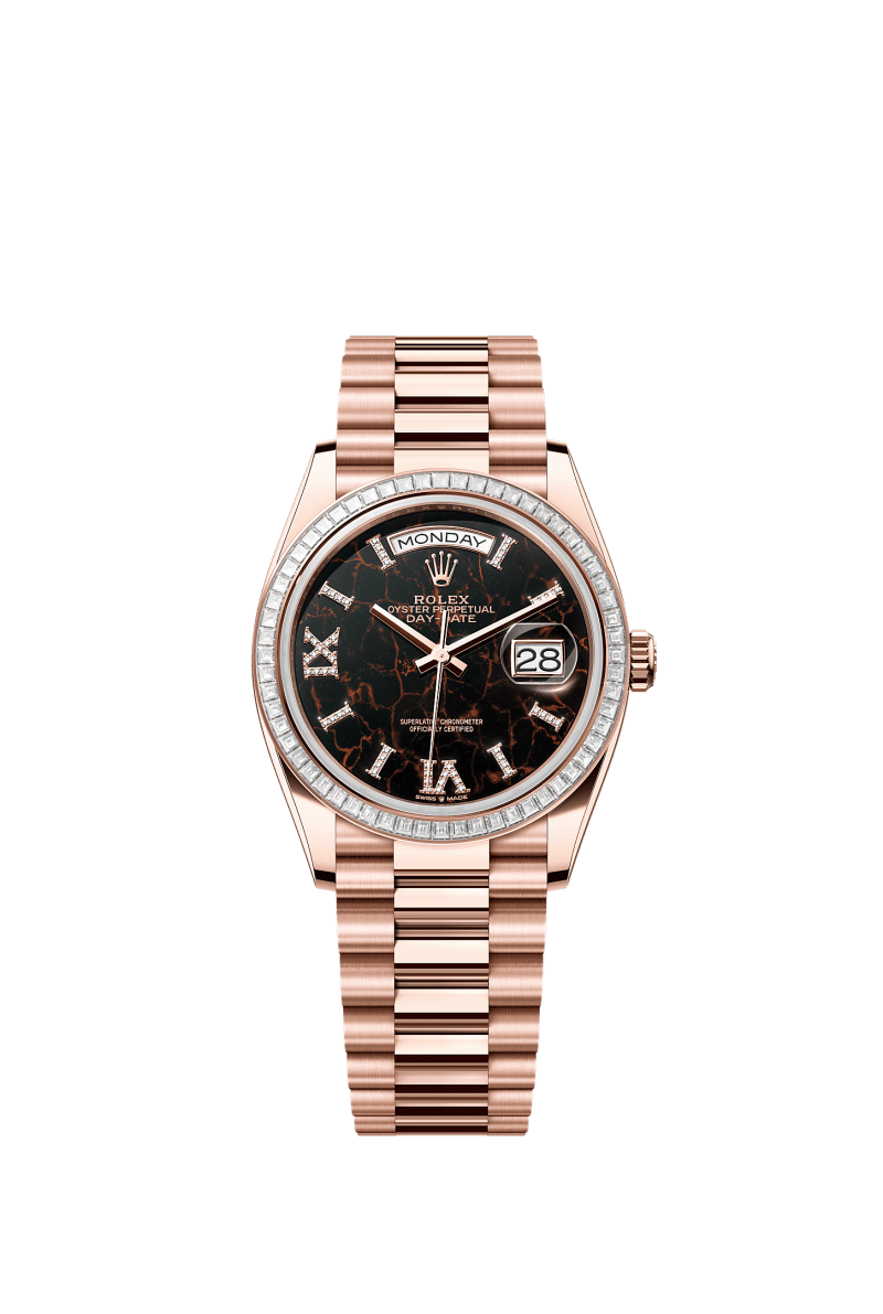 ROLEX DAY-DATE 36MM EVEROSE GOLD EISENKIESEL DIAMOND ROMAN DIAL TRAPEZE DIAMOND BEZEL PRESIDENT BRACELET 128395TBR