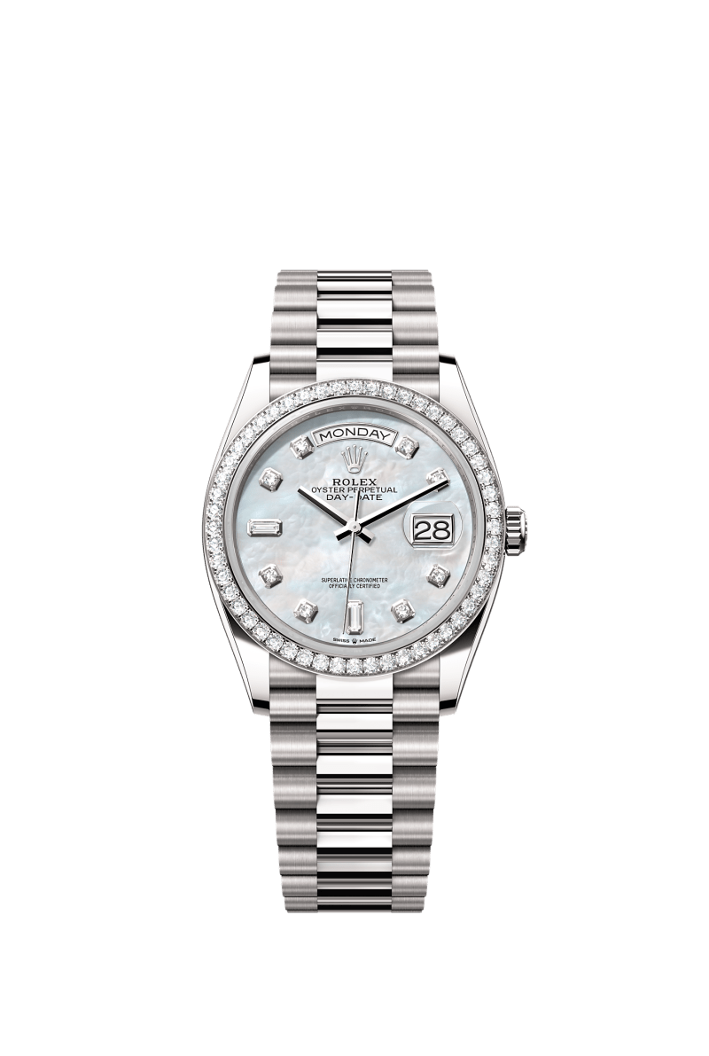 ROLEX DAY-DATE 36MM WHITE GOLD MOTHER OF PEARL DIAMOND DIAL DIAMOND BEZEL PRESIDENT BRACELET 128349RBR
