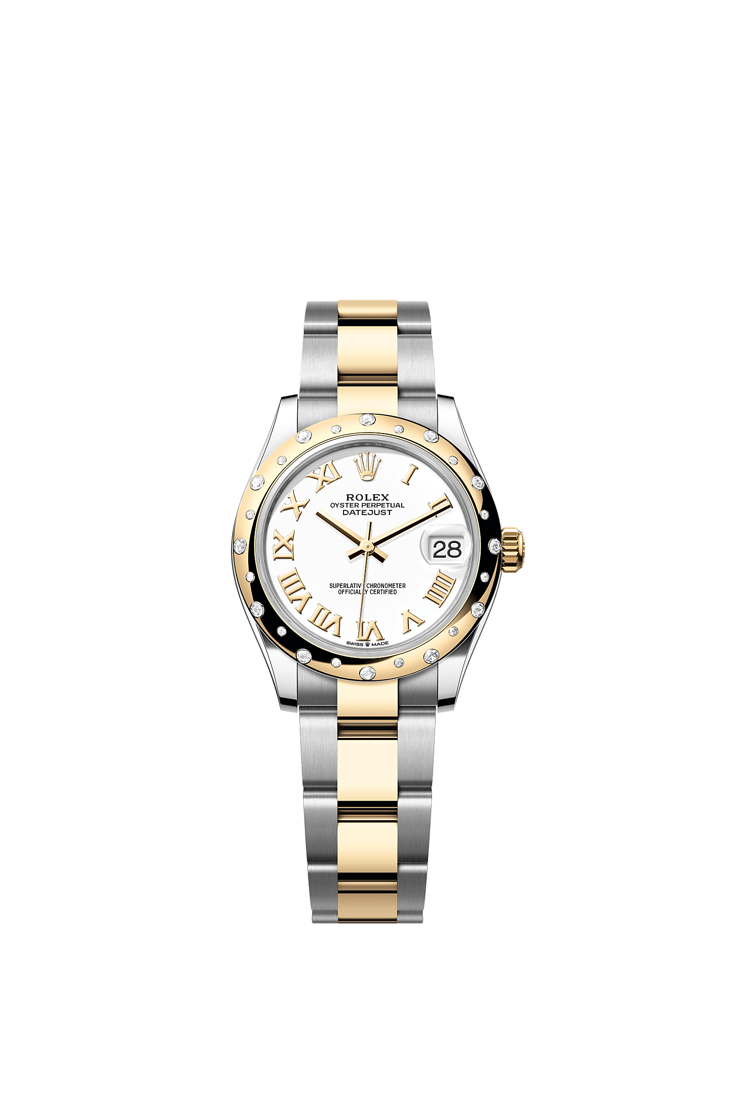 ROLEX LADY-DATEJUST 31MM TWO-TONE YELLOW GOLD WHITE ROMAN DIAL DIAMOND DOMED BEZEL OYSTER BRACELET 278343RBR